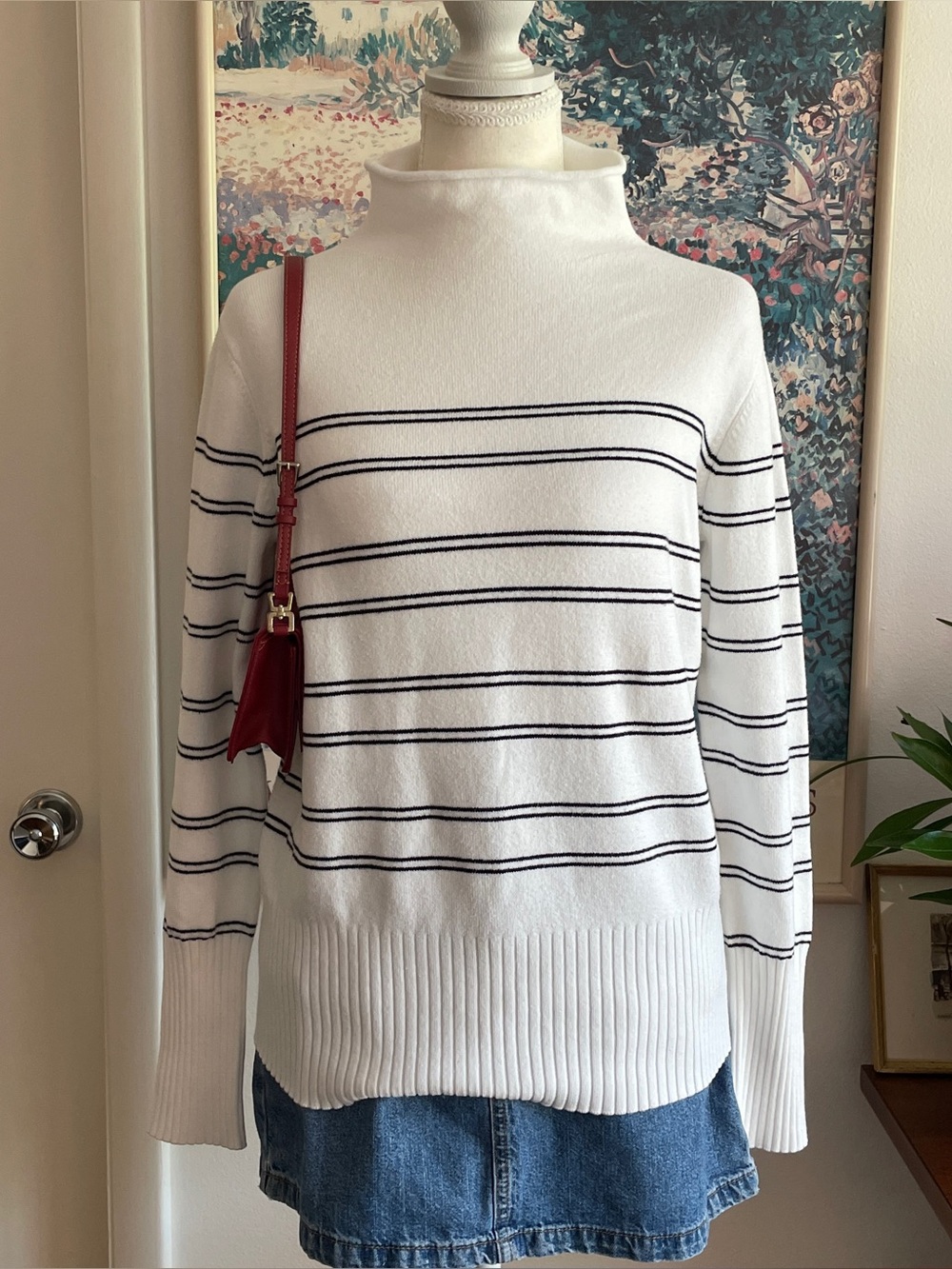 French Connection Turtleneck Sweater Women Large White Striped Nautical Parisian